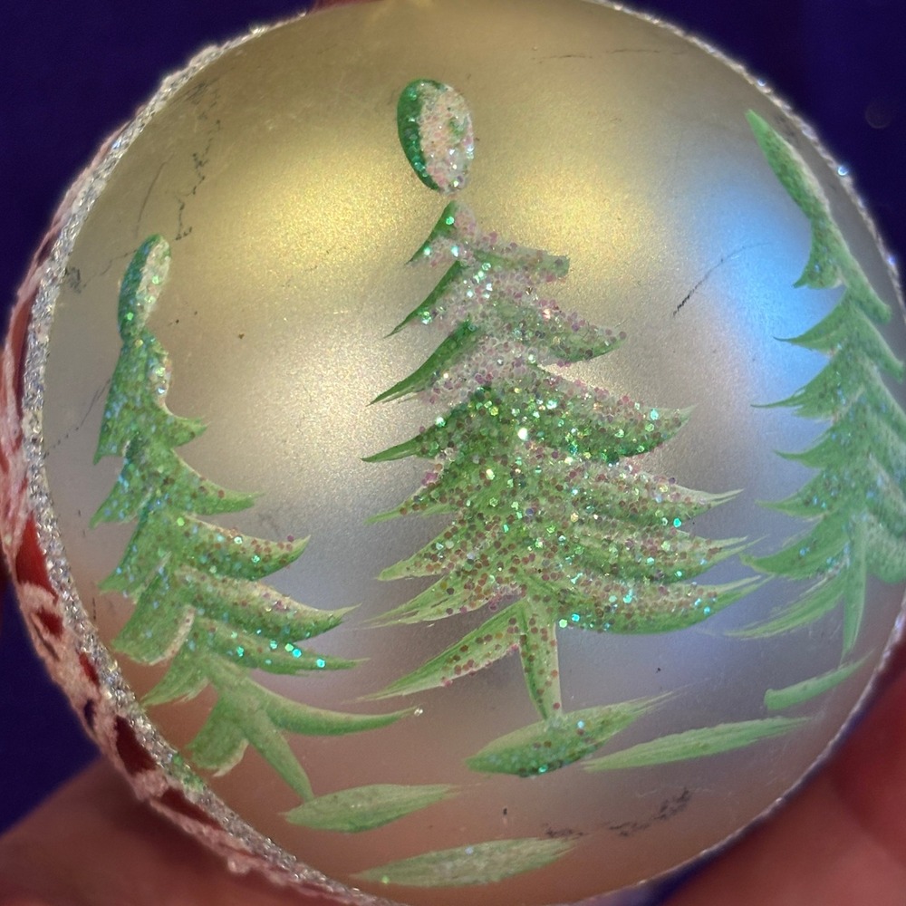 Vintage Mid-Century Hand Painted Pine Trees Glitter Glass Christmas Ornament - Picture 2 of 7